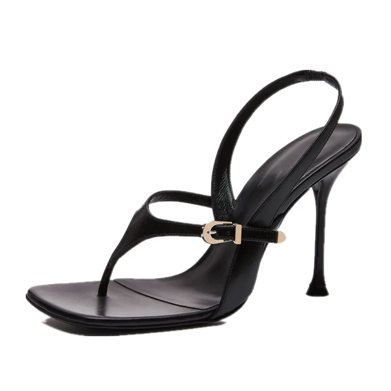 Black Leather High Heels Sandal
